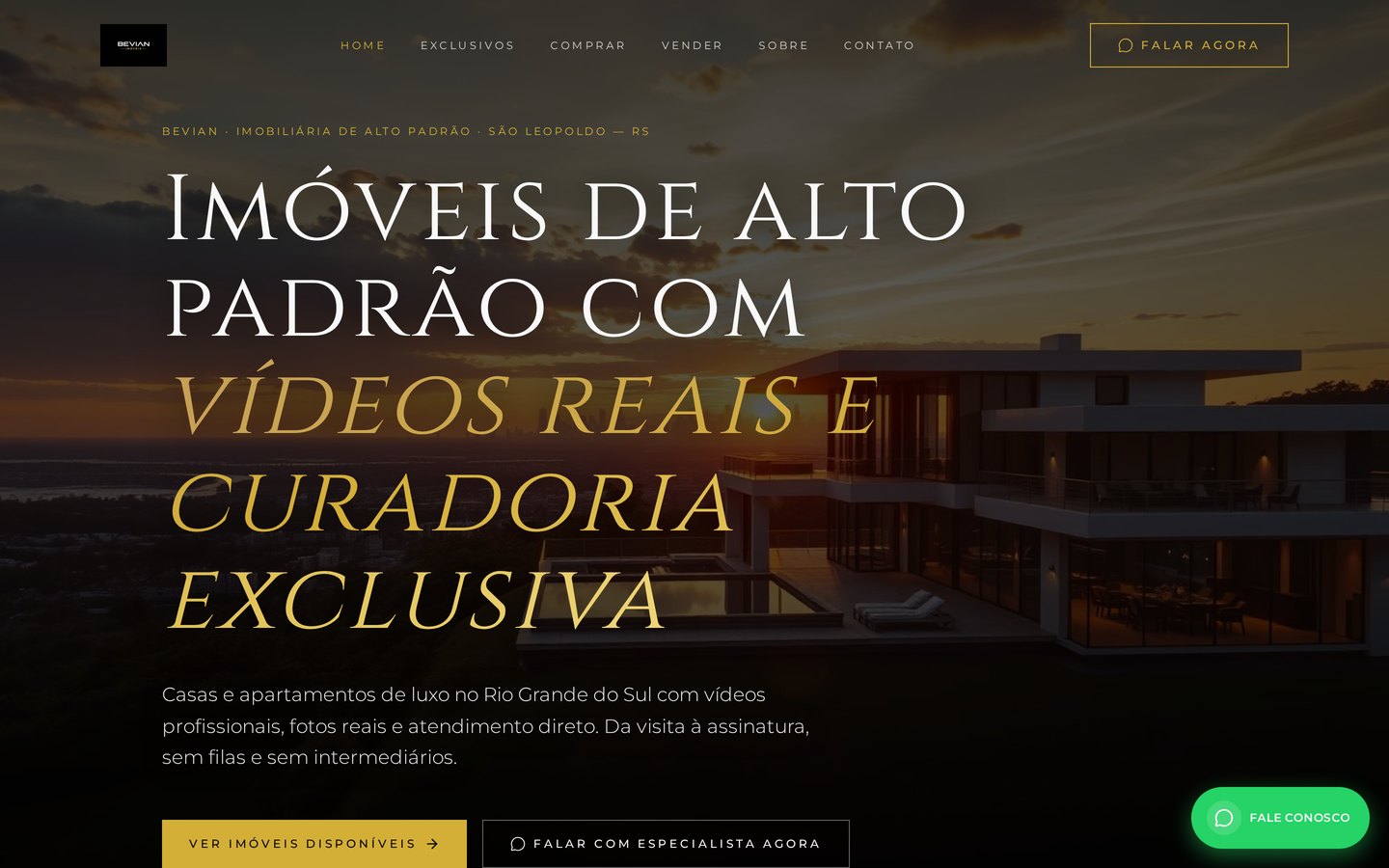 Página inicial do site Bevian Imóveis na versão desktop