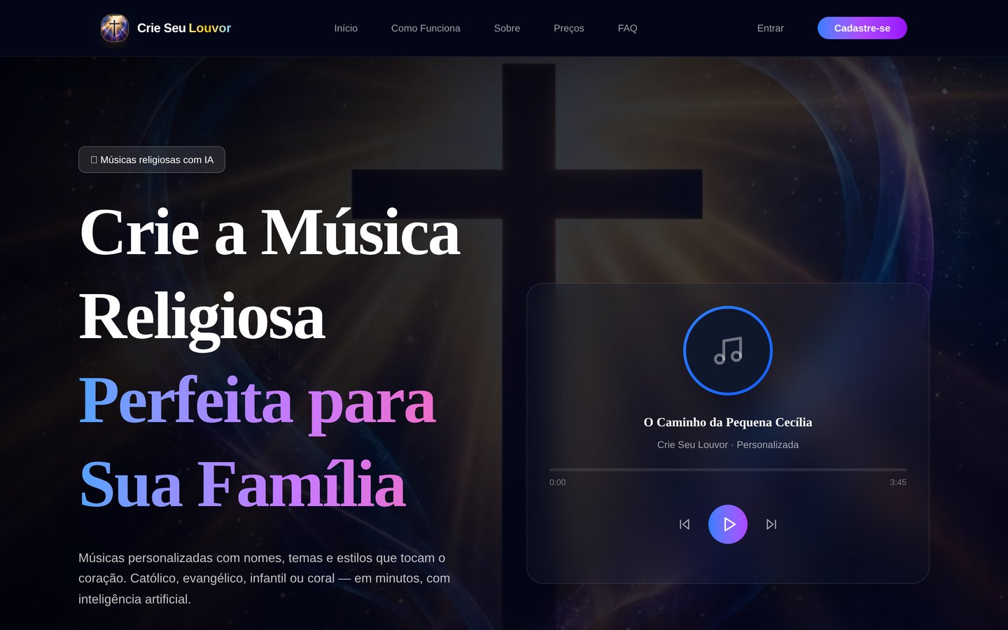 Página inicial do site Crie Seu Louvor na versão desktop